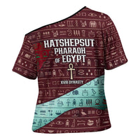 Hatshepsut Cross Shoulder Shirt with Pharaoh Bust Illustration, Female Pharaoh Title and Egyptian Hieroglyph - Wonder Print Shop
