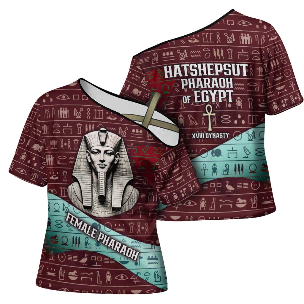 Hatshepsut Cross Shoulder Shirt with Pharaoh Bust Illustration, Female Pharaoh Title and Egyptian Hieroglyph - Wonder Print Shop