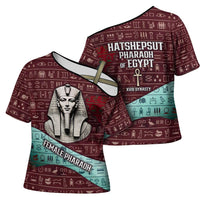Hatshepsut Cross Shoulder Shirt with Pharaoh Bust Illustration, Female Pharaoh Title and Egyptian Hieroglyph - Wonder Print Shop