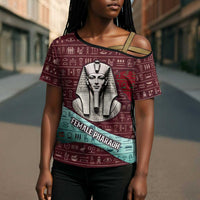 Hatshepsut Cross Shoulder Shirt with Pharaoh Bust Illustration, Female Pharaoh Title and Egyptian Hieroglyph - Wonder Print Shop