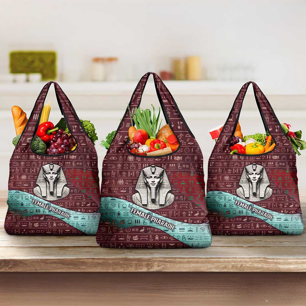 Hatshepsut Grocery Bag with Pharaoh Bust Illustration, Female Pharaoh Title and Egyptian Hieroglyph - Wonder Print Shop