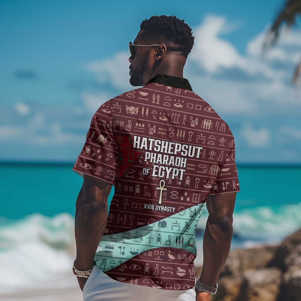 Hatshepsut Hawaiian Shirt with Pharaoh Bust Illustration, Female Pharaoh Title and Egyptian Hieroglyph - Wonder Print Shop