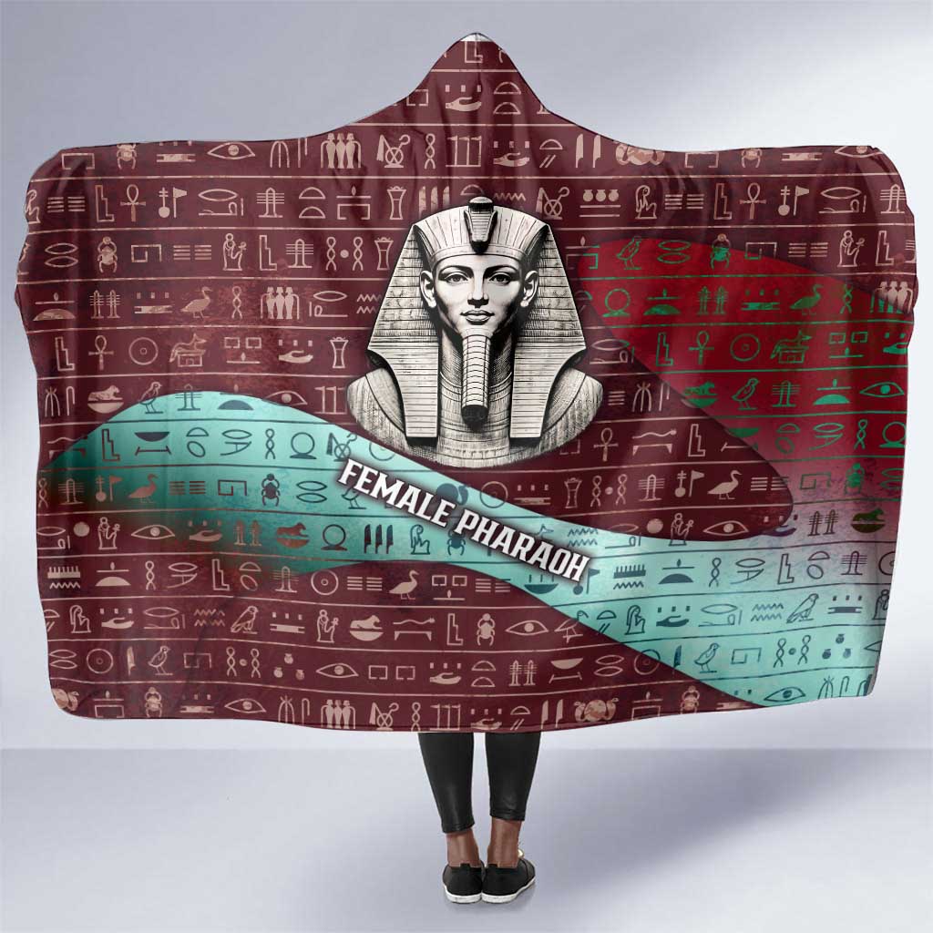 Hatshepsut Hooded Blanket with Pharaoh Bust Illustration, Female Pharaoh Title and Egyptian Hieroglyph - Wonder Print Shop