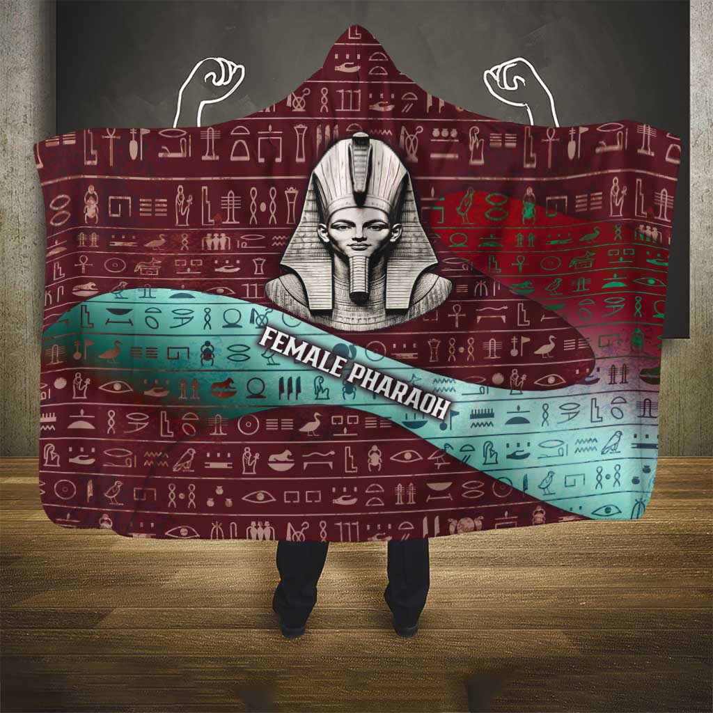 Hatshepsut Hooded Blanket with Pharaoh Bust Illustration, Female Pharaoh Title and Egyptian Hieroglyph - Wonder Print Shop
