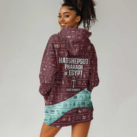 Hatshepsut Hoodie Dress with Pharaoh Bust Illustration, Female Pharaoh Title and Egyptian Hieroglyph - Wonder Print Shop