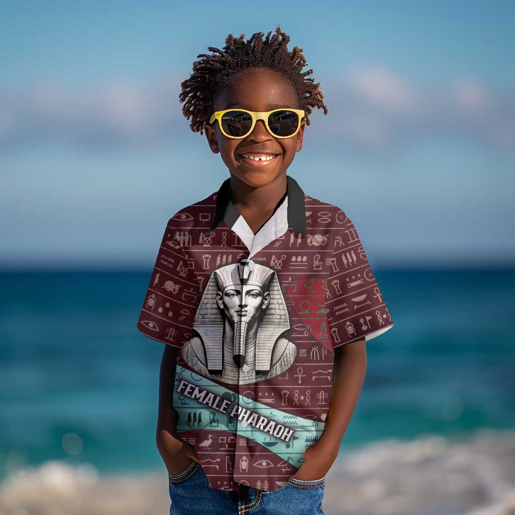 Hatshepsut Kid Hawaiian Shirt with Pharaoh Bust Illustration, Female Pharaoh Title and Egyptian Hieroglyph - Wonder Print Shop
