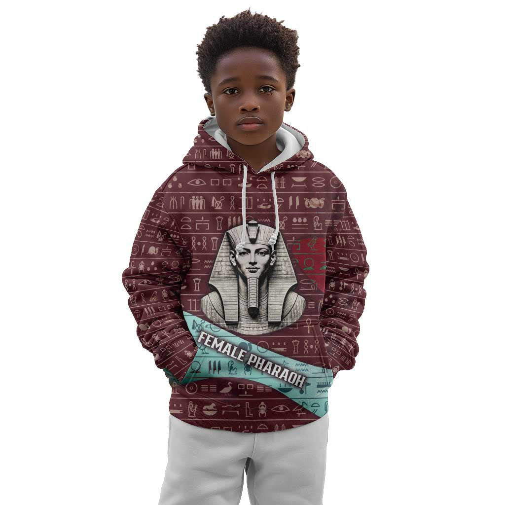 Hatshepsut Kid Hoodie with Pharaoh Bust Illustration, Female Pharaoh Title and Egyptian Hieroglyph - Wonder Print Shop