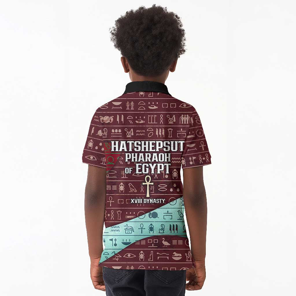 Hatshepsut Kid Polo Shirt with Pharaoh Bust Illustration, Female Pharaoh Title and Egyptian Hieroglyph - Wonder Print Shop