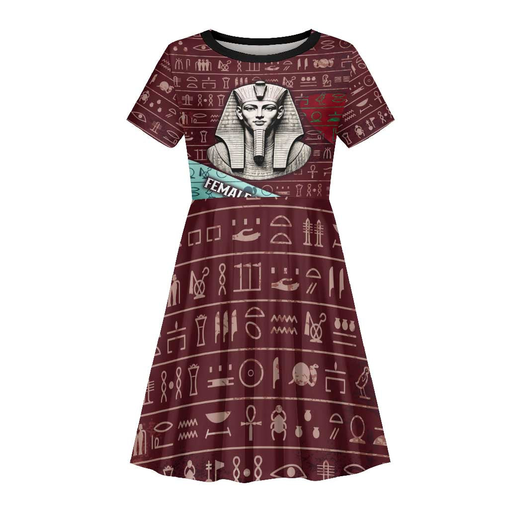 Hatshepsut Kid Short Sleeve Dress with Pharaoh Bust Illustration, Female Pharaoh Title and Egyptian Hieroglyph - Wonder Print Shop