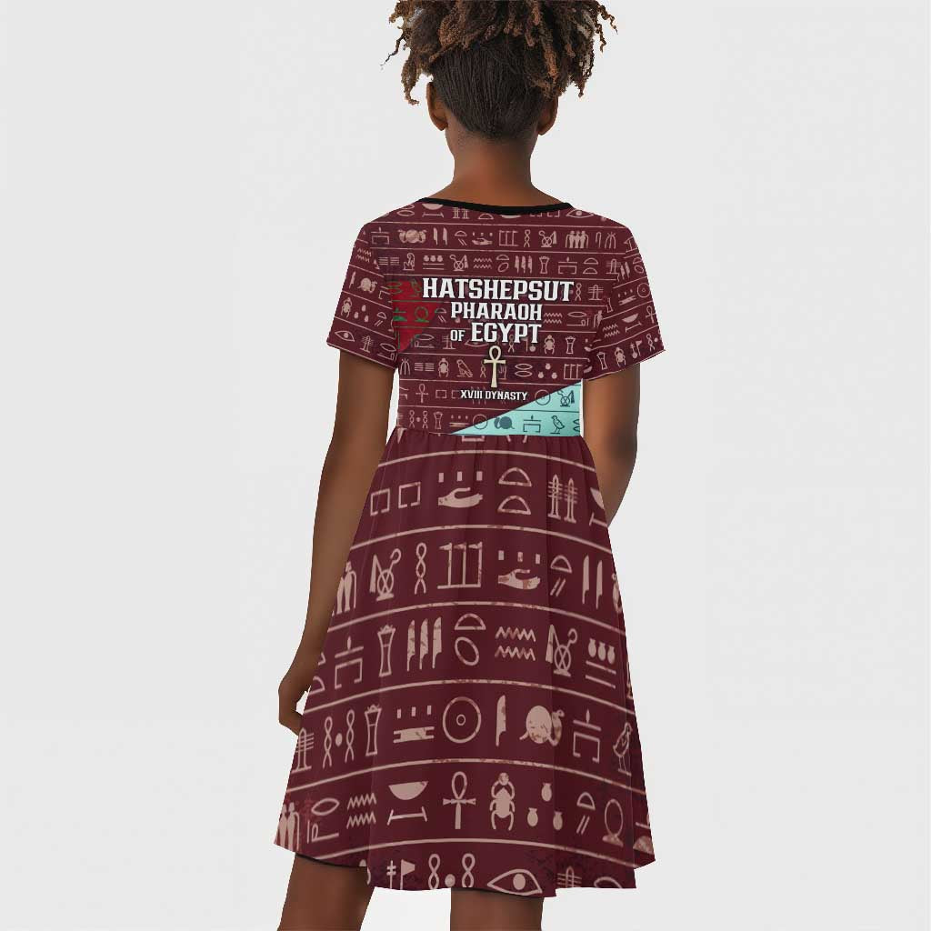 Hatshepsut Kid Short Sleeve Dress with Pharaoh Bust Illustration, Female Pharaoh Title and Egyptian Hieroglyph - Wonder Print Shop