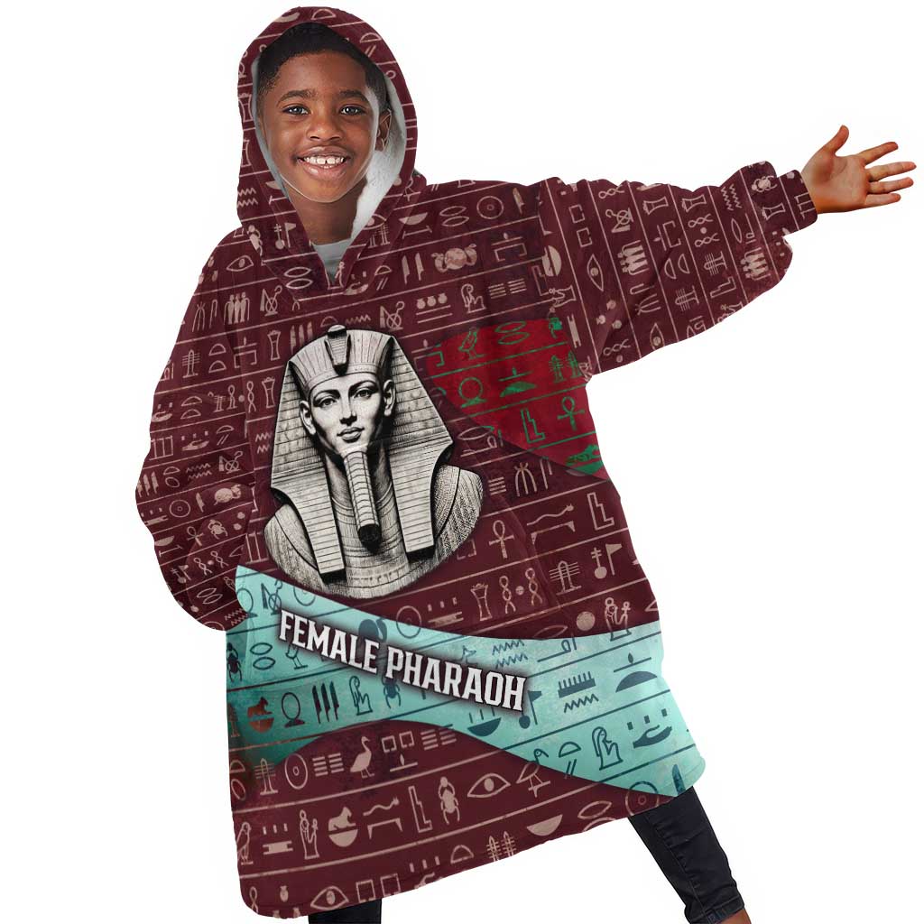 Hatshepsut Kid Wearable Blanket Hoodie with Pharaoh Bust Illustration, Female Pharaoh Title and Egyptian Hieroglyph - Wonder Print Shop