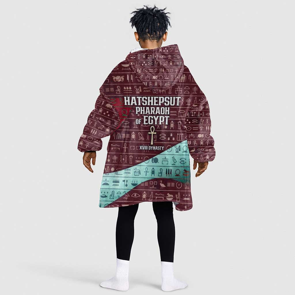 Hatshepsut Kid Wearable Blanket Hoodie with Pharaoh Bust Illustration, Female Pharaoh Title and Egyptian Hieroglyph - Wonder Print Shop