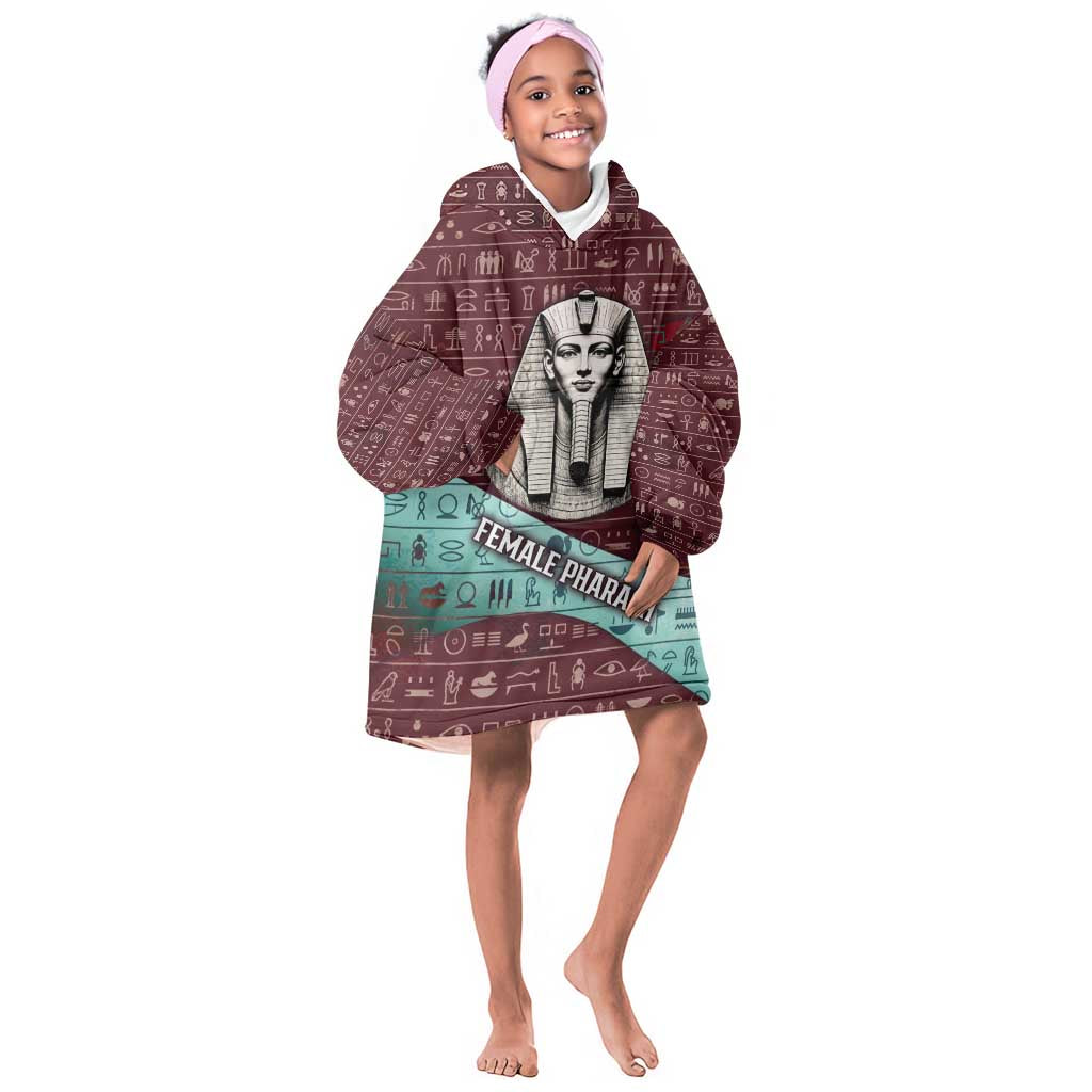 Hatshepsut Kid Wearable Blanket Hoodie with Pharaoh Bust Illustration, Female Pharaoh Title and Egyptian Hieroglyph - Wonder Print Shop
