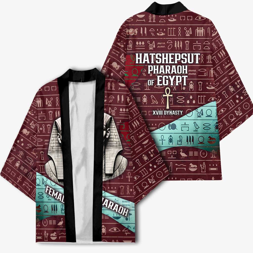 Hatshepsut Kimono with Pharaoh Bust Illustration, Female Pharaoh Title and Egyptian Hieroglyph - Wonder Print Shop