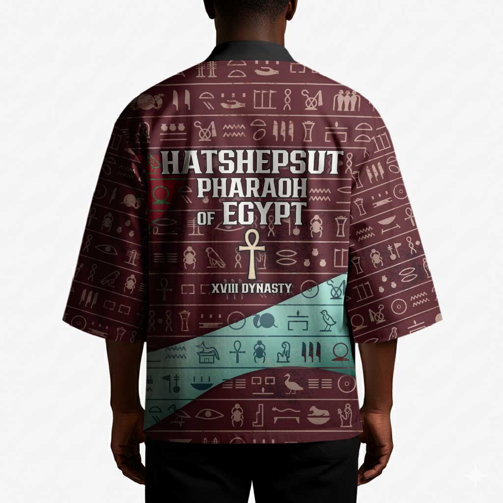 Hatshepsut Kimono with Pharaoh Bust Illustration, Female Pharaoh Title and Egyptian Hieroglyph - Wonder Print Shop