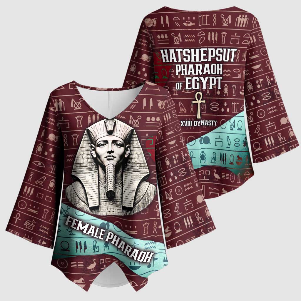 Hatshepsut Kimono Sleeve Blouse with Pharaoh Bust Illustration, Female Pharaoh Title and Egyptian Hieroglyph - Wonder Print Shop