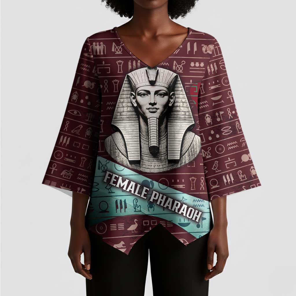 Hatshepsut Kimono Sleeve Blouse with Pharaoh Bust Illustration, Female Pharaoh Title and Egyptian Hieroglyph - Wonder Print Shop