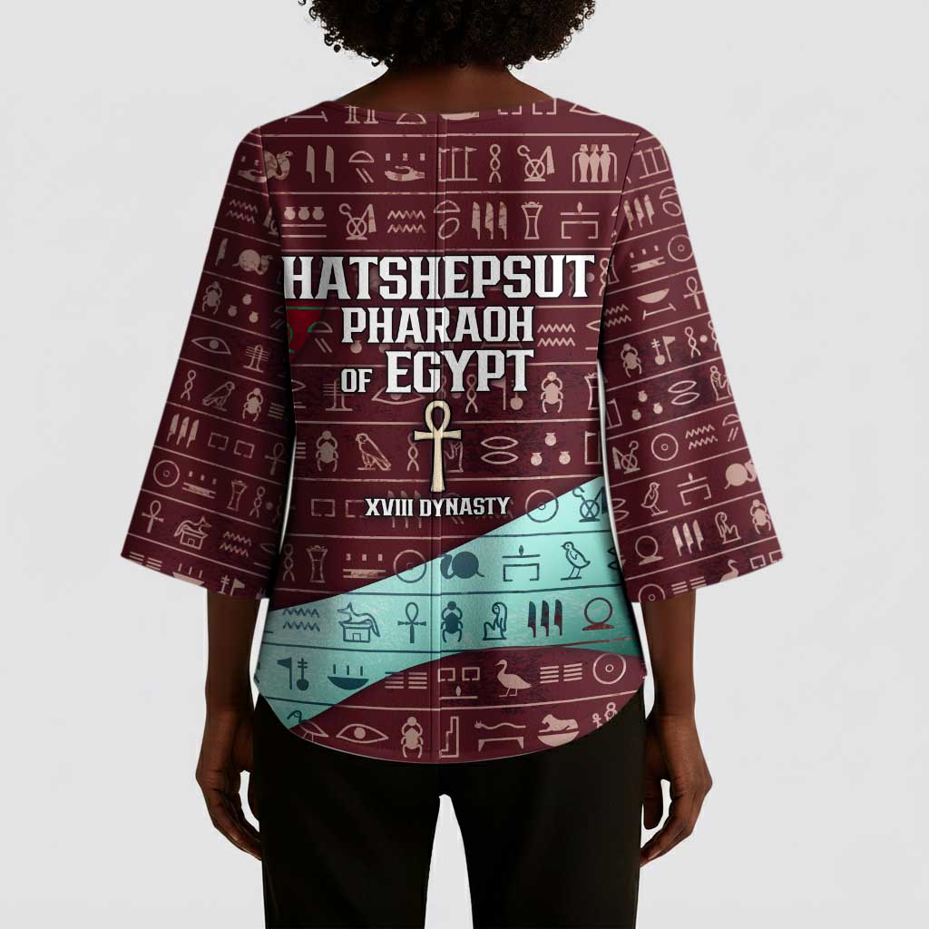 Hatshepsut Kimono Sleeve Blouse with Pharaoh Bust Illustration, Female Pharaoh Title and Egyptian Hieroglyph - Wonder Print Shop