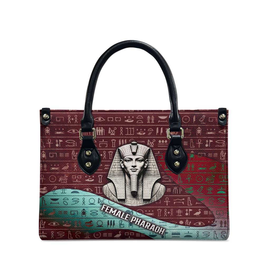 Hatshepsut Leather Bag with Pharaoh Bust Illustration, Female Pharaoh Title and Egyptian Hieroglyph - Wonder Print Shop