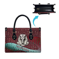 Hatshepsut Leather Bag with Pharaoh Bust Illustration, Female Pharaoh Title and Egyptian Hieroglyph - Wonder Print Shop