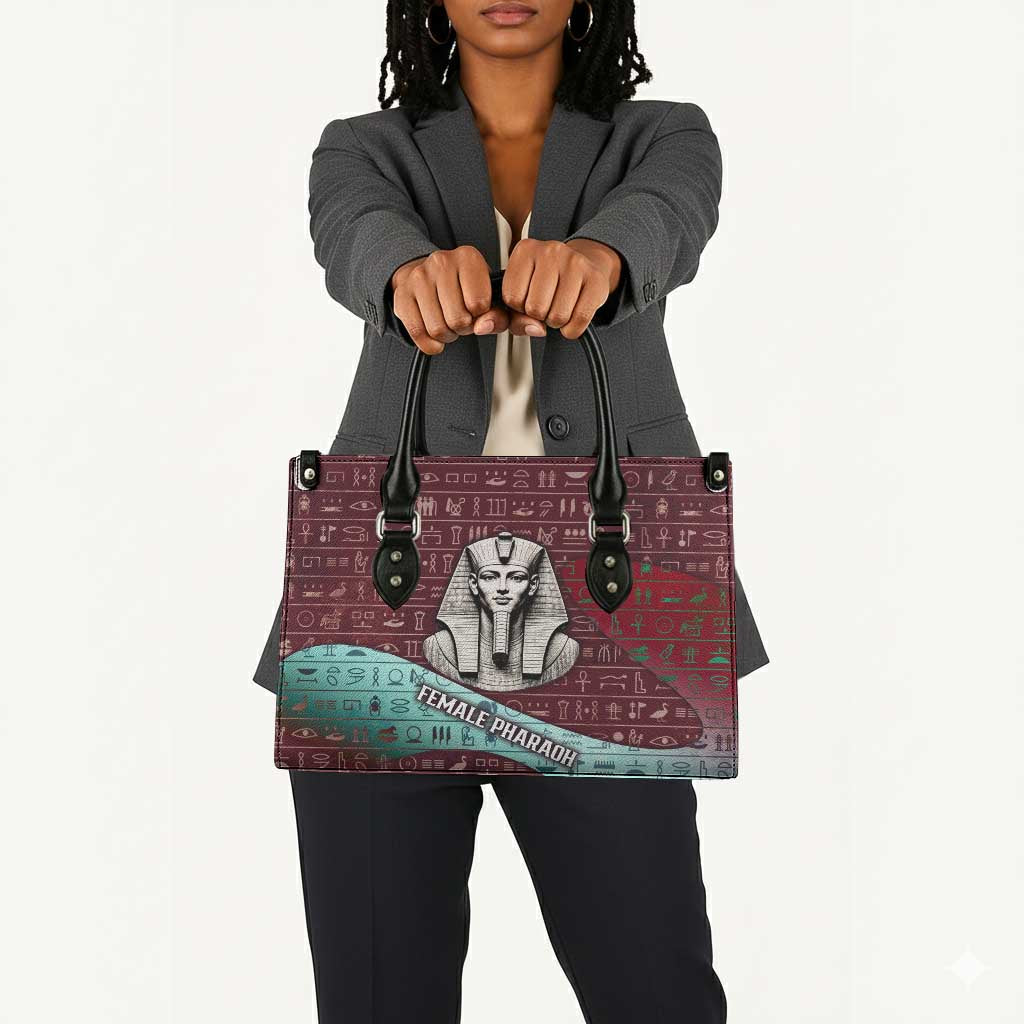 Hatshepsut Leather Bag with Pharaoh Bust Illustration, Female Pharaoh Title and Egyptian Hieroglyph - Wonder Print Shop