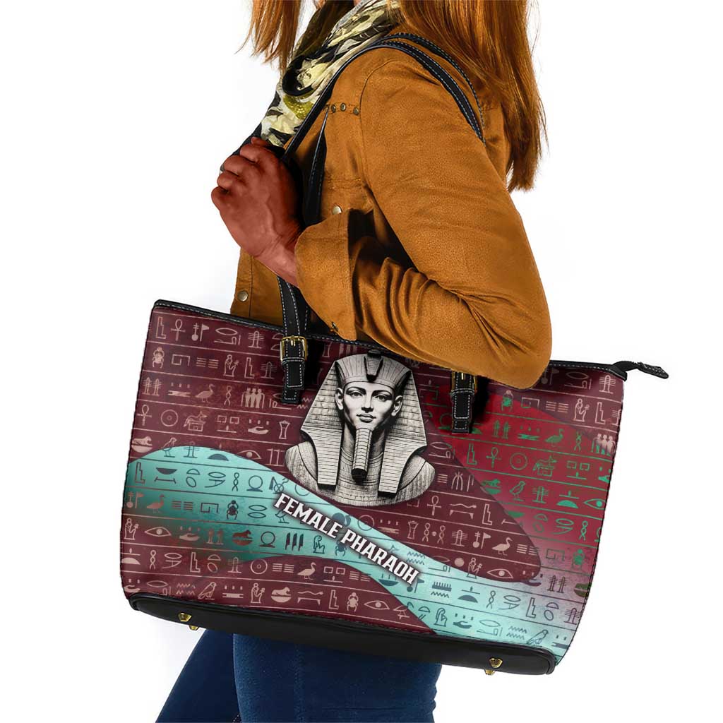 Hatshepsut Leather Tote Bag with Pharaoh Bust Illustration, Female Pharaoh Title and Egyptian Hieroglyph - Wonder Print Shop