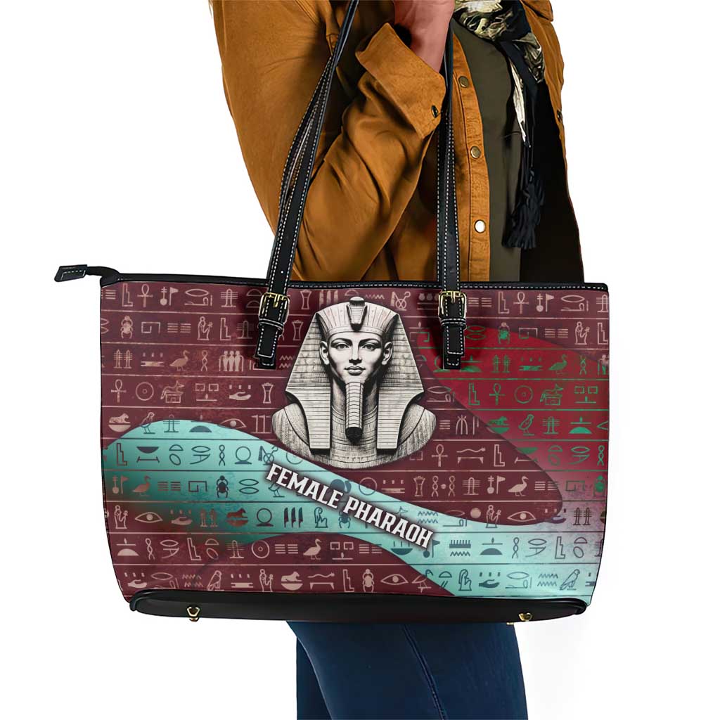 Hatshepsut Leather Tote Bag with Pharaoh Bust Illustration, Female Pharaoh Title and Egyptian Hieroglyph - Wonder Print Shop