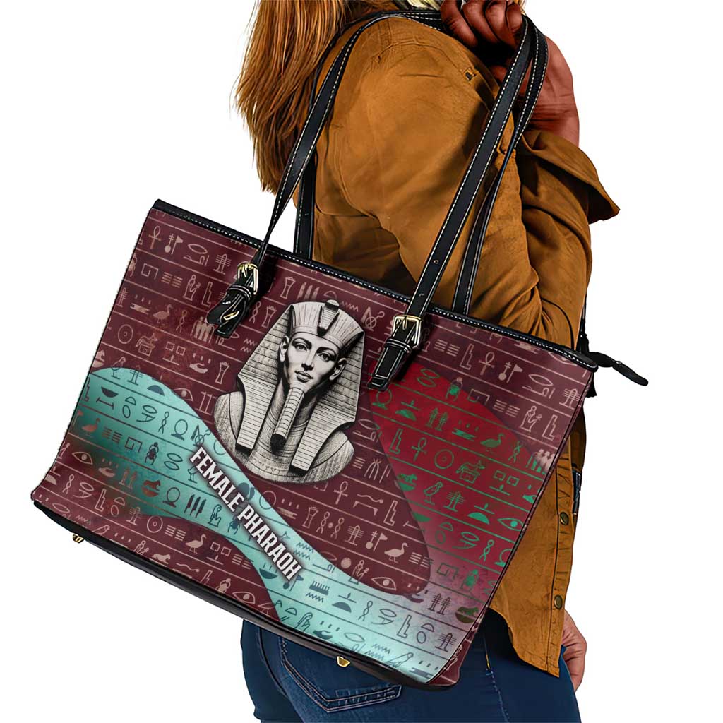 Hatshepsut Leather Tote Bag with Pharaoh Bust Illustration, Female Pharaoh Title and Egyptian Hieroglyph - Wonder Print Shop