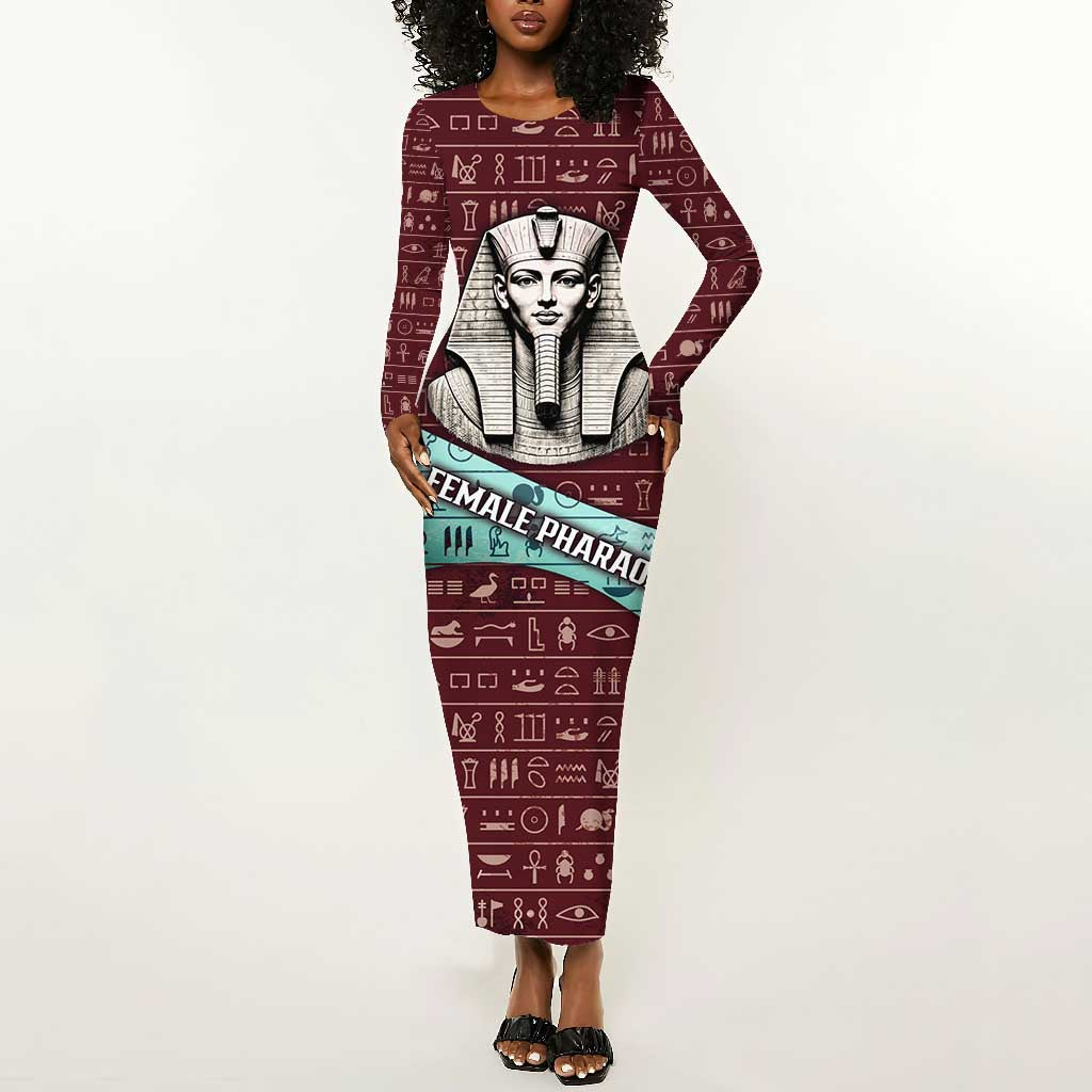 Hatshepsut Long Sleeve Bodycon Dress with Pharaoh Bust Illustration, Female Pharaoh Title and Egyptian Hieroglyph - Wonder Print Shop