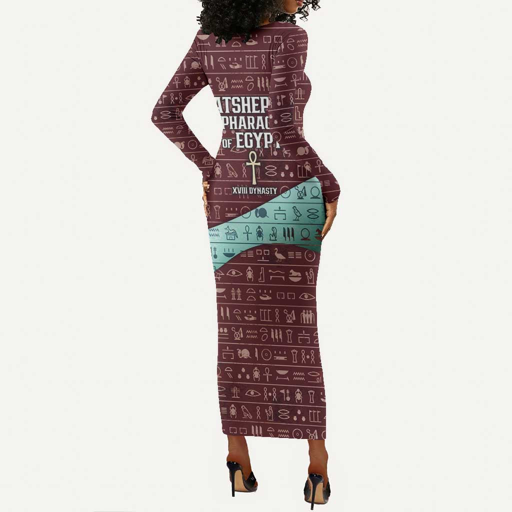 Hatshepsut Long Sleeve Bodycon Dress with Pharaoh Bust Illustration, Female Pharaoh Title and Egyptian Hieroglyph - Wonder Print Shop