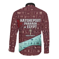Hatshepsut Long Sleeve Button Shirt with Pharaoh Bust Illustration, Female Pharaoh Title and Egyptian Hieroglyph - Wonder Print Shop