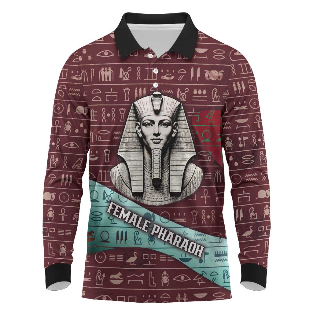 Hatshepsut Long Sleeve Polo Shirt with Pharaoh Bust Illustration, Female Pharaoh Title and Egyptian Hieroglyph - Wonder Print Shop
