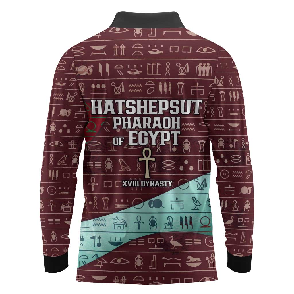 Hatshepsut Long Sleeve Polo Shirt with Pharaoh Bust Illustration, Female Pharaoh Title and Egyptian Hieroglyph - Wonder Print Shop