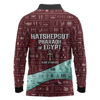 Hatshepsut Long Sleeve Polo Shirt with Pharaoh Bust Illustration, Female Pharaoh Title and Egyptian Hieroglyph - Wonder Print Shop