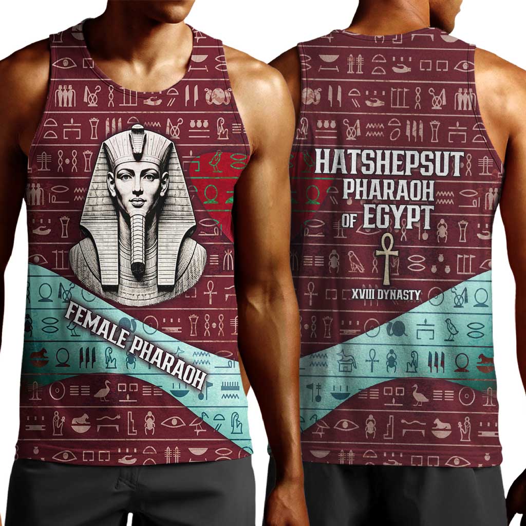 Hatshepsut Men Tank Top with Pharaoh Bust Illustration, Female Pharaoh Title and Egyptian Hieroglyph - Wonder Print Shop