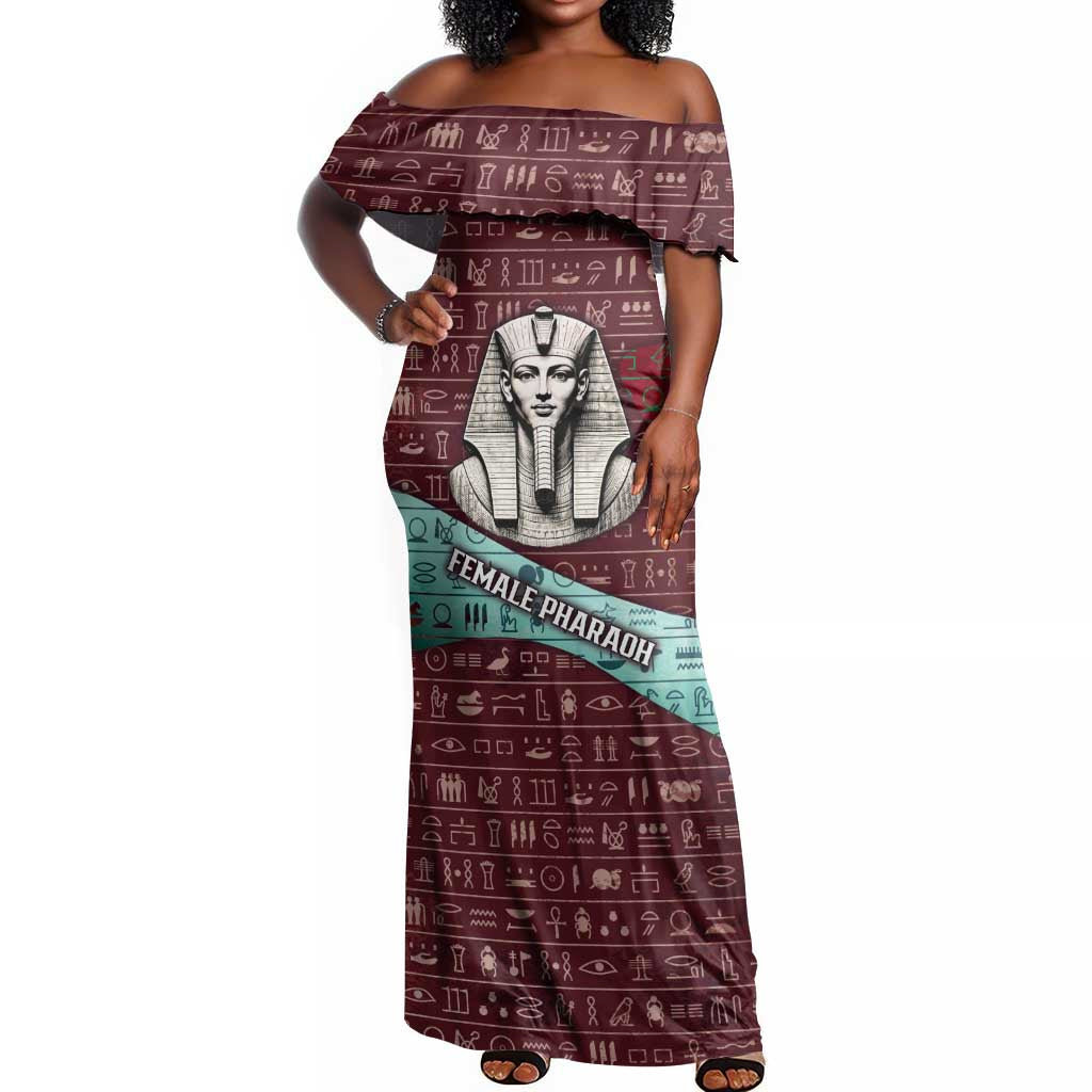 Hatshepsut Off Shoulder Maxi Dress with Pharaoh Bust Illustration, Female Pharaoh Title and Egyptian Hieroglyph - Wonder Print Shop