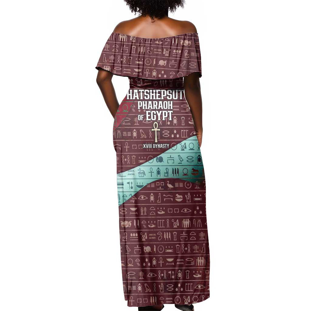 Hatshepsut Off Shoulder Maxi Dress with Pharaoh Bust Illustration, Female Pharaoh Title and Egyptian Hieroglyph - Wonder Print Shop