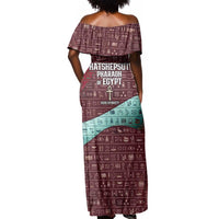 Hatshepsut Off Shoulder Maxi Dress with Pharaoh Bust Illustration, Female Pharaoh Title and Egyptian Hieroglyph - Wonder Print Shop