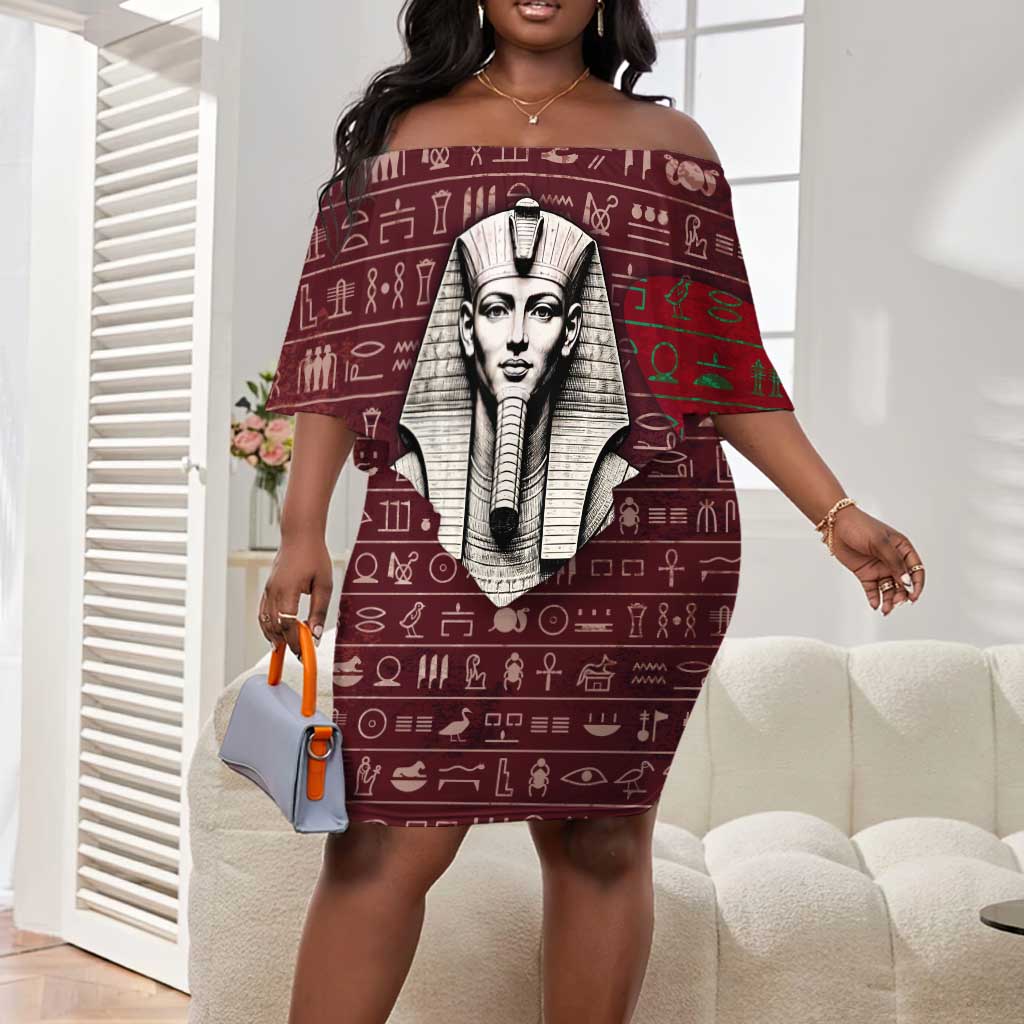 Hatshepsut Off Shoulder Short Dress with Pharaoh Bust Illustration, Female Pharaoh Title and Egyptian Hieroglyph - Wonder Print Shop