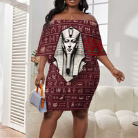 Hatshepsut Off Shoulder Short Dress with Pharaoh Bust Illustration, Female Pharaoh Title and Egyptian Hieroglyph - Wonder Print Shop