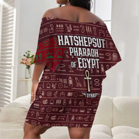 Hatshepsut Off Shoulder Short Dress with Pharaoh Bust Illustration, Female Pharaoh Title and Egyptian Hieroglyph - Wonder Print Shop