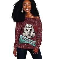 Hatshepsut Off Shoulder Sweater with Pharaoh Bust Illustration, Female Pharaoh Title and Egyptian Hieroglyph - Wonder Print Shop