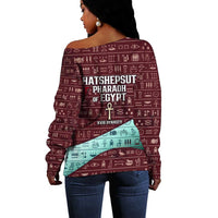Hatshepsut Off Shoulder Sweater with Pharaoh Bust Illustration, Female Pharaoh Title and Egyptian Hieroglyph - Wonder Print Shop