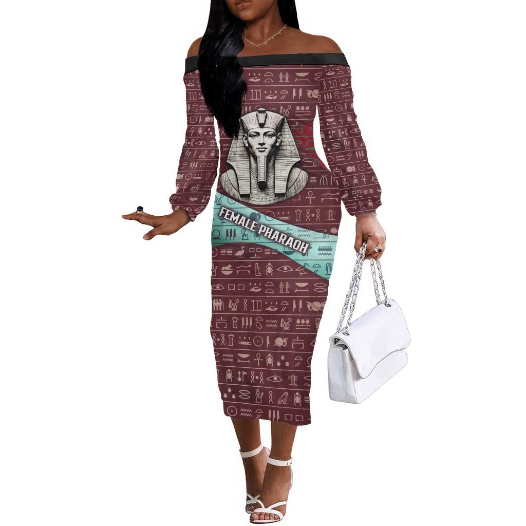 Hatshepsut Off The Shoulder Long Sleeve Dress with Pharaoh Bust Illustration, Female Pharaoh Title and Egyptian Hieroglyph - Wonder Print Shop