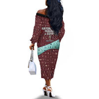 Hatshepsut Off The Shoulder Long Sleeve Dress with Pharaoh Bust Illustration, Female Pharaoh Title and Egyptian Hieroglyph - Wonder Print Shop