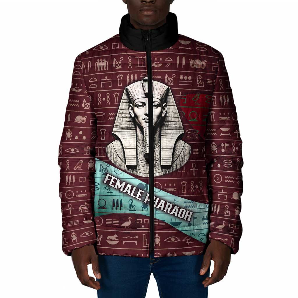 Hatshepsut Padded Jacket with Pharaoh Bust Illustration, Female Pharaoh Title and Egyptian Hieroglyph - Wonder Print Shop