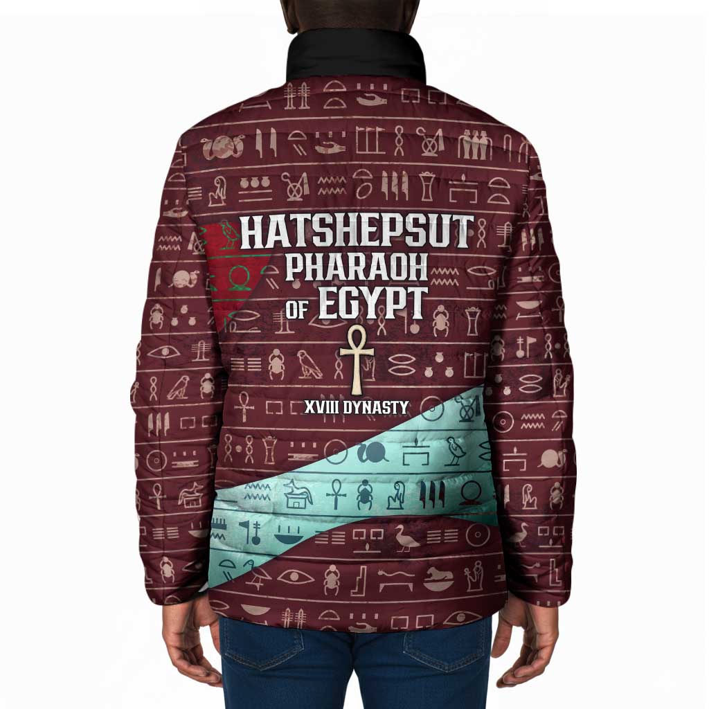 Hatshepsut Padded Jacket with Pharaoh Bust Illustration, Female Pharaoh Title and Egyptian Hieroglyph - Wonder Print Shop