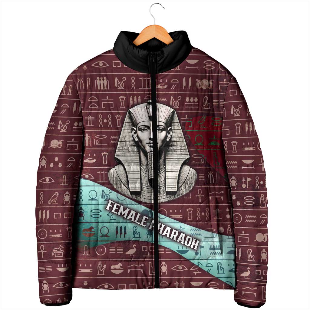 Hatshepsut Padded Jacket with Pharaoh Bust Illustration, Female Pharaoh Title and Egyptian Hieroglyph - Wonder Print Shop