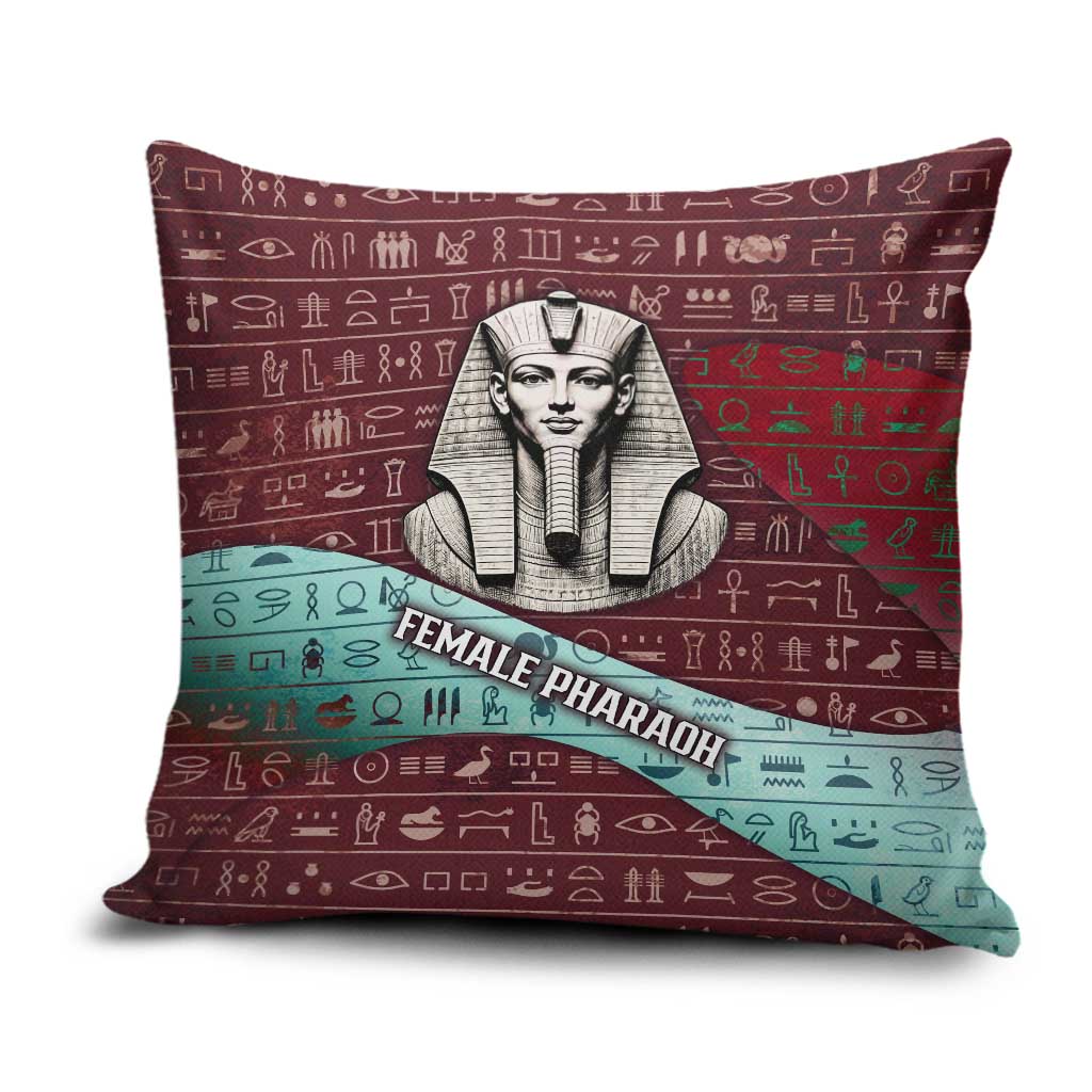 Hatshepsut Pillow Cover with Pharaoh Bust Illustration, Female Pharaoh Title and Egyptian Hieroglyph - Wonder Print Shop