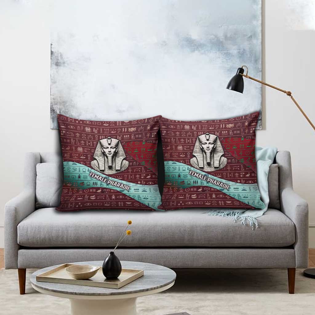 Hatshepsut Pillow Cover with Pharaoh Bust Illustration, Female Pharaoh Title and Egyptian Hieroglyph - Wonder Print Shop